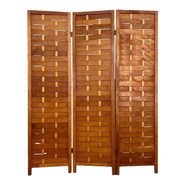 Midcentury Modern Woven Pine Wood Folding Screen, 3-Panel Room Divider For Sale