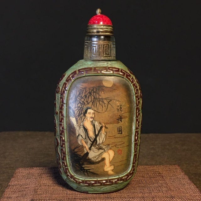 Metal Vintage Inner-Painted Liuli Glass Snuff Bottle - Scholar Scene - 9cm For Sale - Image 7 of 9
