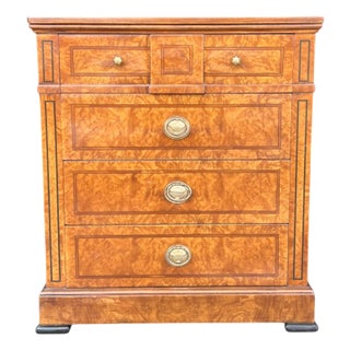 1970s Restored Vintage Inlaid Walnut Nightstand With Four Drawers and Brass Pulls For Sale