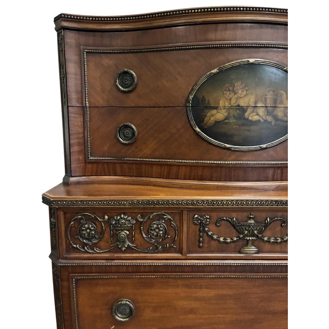 Early 20th Century Neoclassical Mahogany Chest on Chest With Hand-Painted Oval Medallion & Bronze Ormolu For Sale - Image 9 of 12