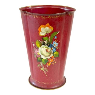 Vintage French Provincial Red Tole Floral Hand-Painted Umbrella or Walking Stick Stand For Sale