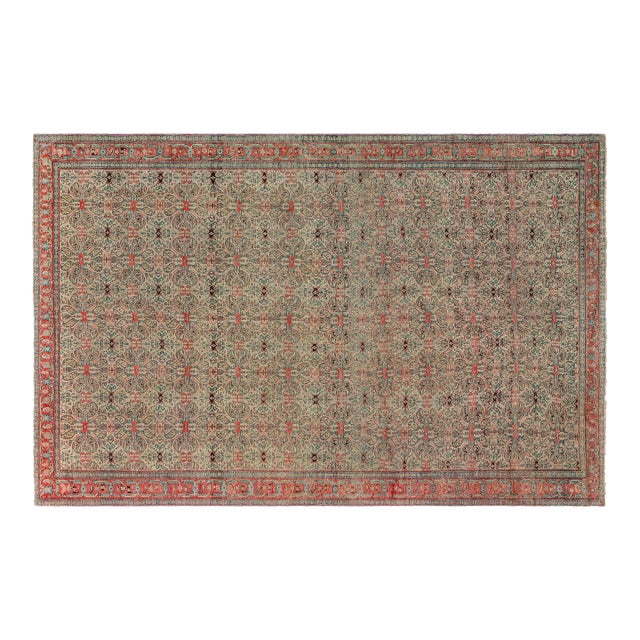 Authentic 19th Century Persian Senneh Botanic Blue Red Beige Handmade Wool Rug For Sale