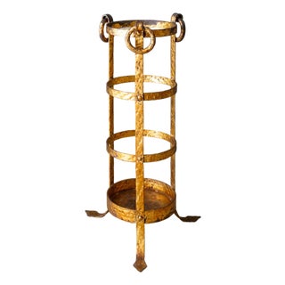 Neoclassical Umbrella Stand of Gilded and Hammered Iron on Footed Base For Sale