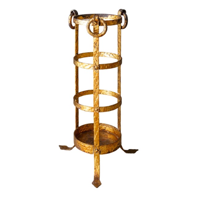 Neoclassical Umbrella Stand of Gilded and Hammered Iron on Footed Base For Sale