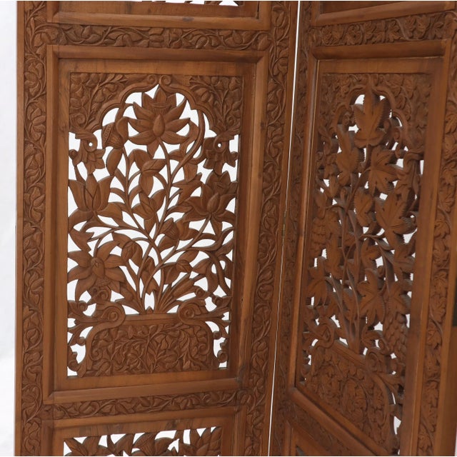 Wood Detailed Carved Teak 4-Panel Room Divider Screen For Sale - Image 7 of 13