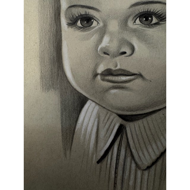 American 1940s Original Signed Graphite Illustration of Young Child Portrait, 12 × 9 In. For Sale - Image 3 of 6