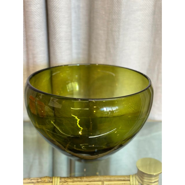 Mid century style large hand blown olive green bowl. Made in Poland.