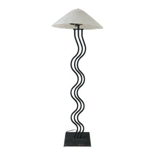 Early 20th Century Postmodern Sculptural Floor Lamp With Wavy Black Metal Stem and Alabaster Stone Shade For Sale