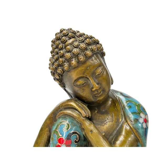 Vintage Cloisonne Enamel Lotus Resting Buddha Metal Statue For Sale - Image 10 of 10