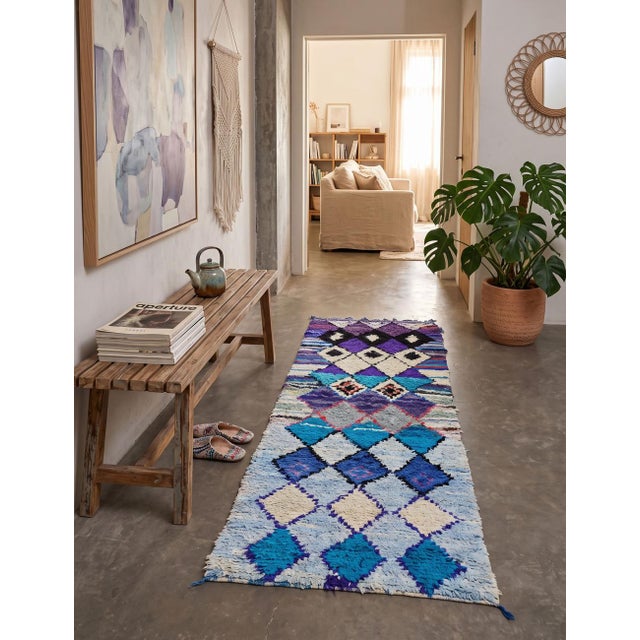 Vintage Boucherouite Rug | Handwoven Recycled Cotton Runner with Diamond Lattice This stunning vintage Boucherouite runner...