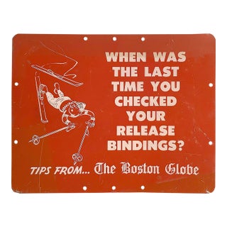 Circa 1950s Tips From the Boston Globe Metal Skiing Sign For Sale