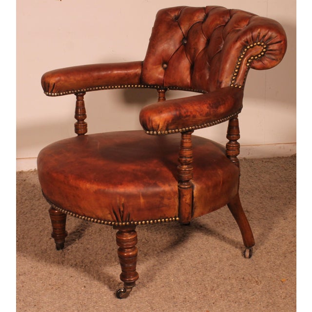Small Vintage Armchair in English Cognac Mahogany and Leather, 1800s For Sale - Image 11 of 15