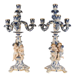 Meissen Porcelain Candelabra German Figurine Delft Style Blue Union Blue and White Antique Tariff Free Delivery- A Pair