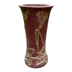 1900s Large Peters & Reed Moss Aztec Red and Gold Glazed Ceramic Umbrella Stand, Signed
