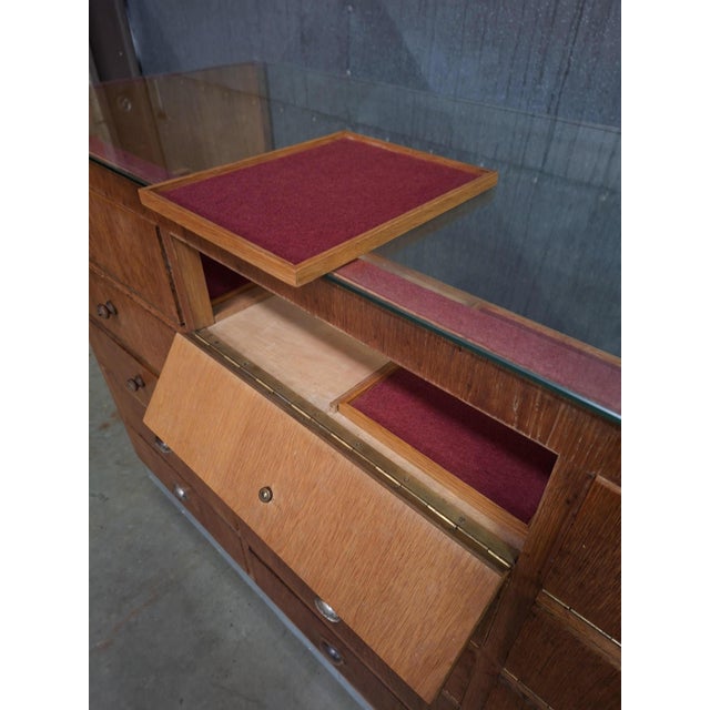 Vintage Wooden Haberdashery Display Counter with 20 Drawers and Glass Top For Sale - Image 13 of 16