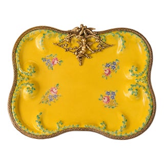 Antique Hand-Painted Porcelain Vanity Tray with Cherub Mount from Limoges, France, 1920s For Sale
