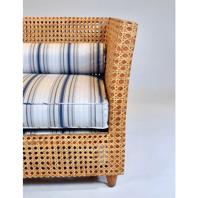 McGuire Modern Caned Teak Rattan Loveseat in Blue and White Sunbrella Fabric For Sale - Image 4 of 15