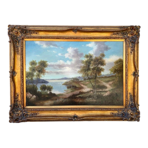 Late 19th Century John Pollins "Tree Line Trails Lake With Sailboats" Oil Painting Framed
