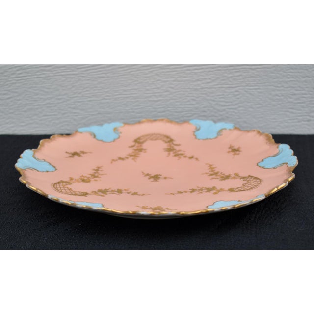 Metal Antique Ak Co Limoges Plate France Pink Cabinet Hand Painted Blue Gold Gilt For Sale - Image 7 of 10