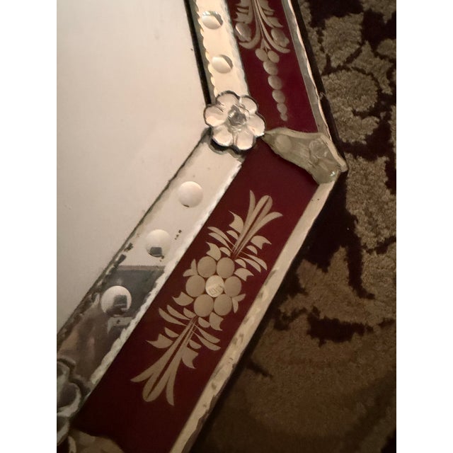 Hollywood Regency Wall Mirror Red Venetian Octagonal Etched Glass Floral Hollywood Regency For Sale - Image 3 of 8