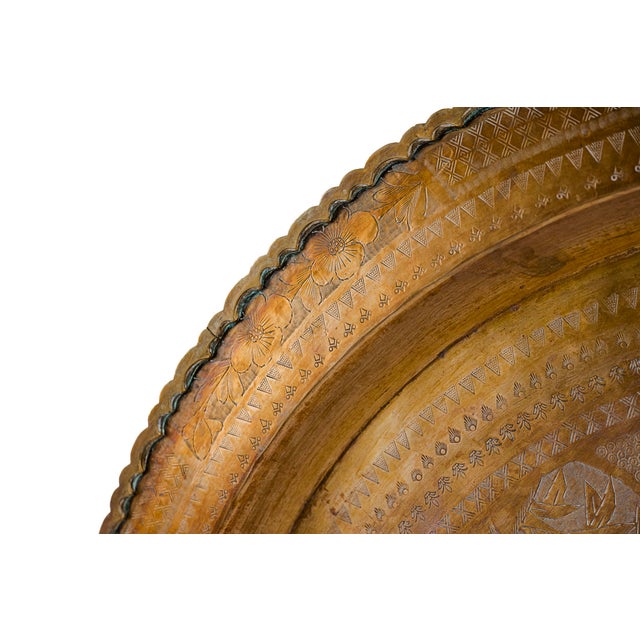 30" Vintage Chinese Hand-Etched Brass Tray Wall Hanging For Sale - Image 4 of 10