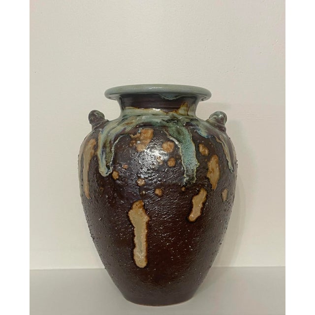 Contemporary Antique Abstract Asian Raku Ceramic Pottery Vase in Celadon, Camel, Chocolate Brown For Sale - Image 3 of 12