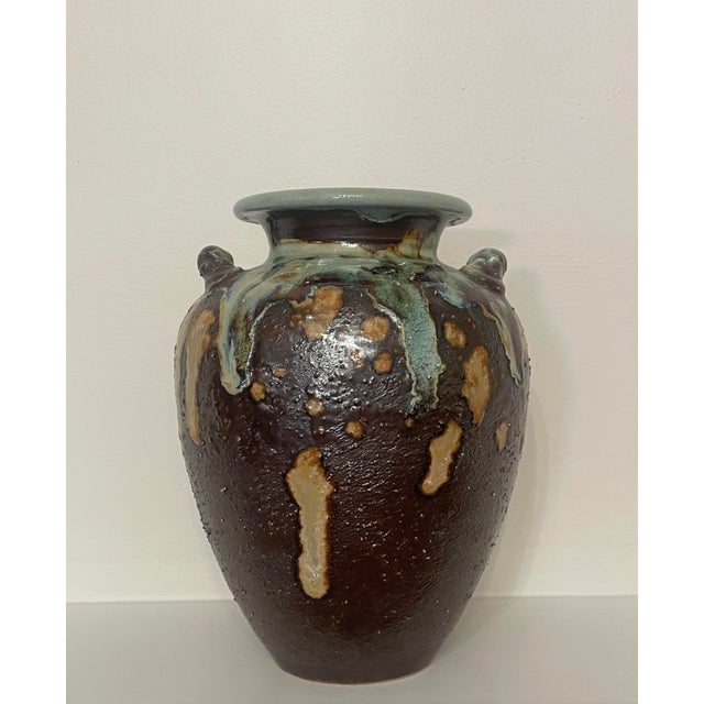 Contemporary Antique Abstract Japanese Raku Ceramic Vase in Celadon, Camel, Chocolate Brown For Sale - Image 3 of 12