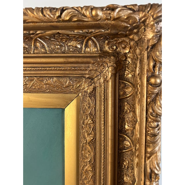 Sky Blue Large Antique Victorian Adirondack Landscape Oil Painting Snow Scene in Ornate Gold Frame For Sale - Image 8 of 12