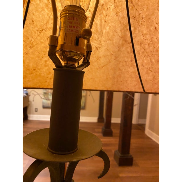 Rustic Hand-Wrought Iron Table Lamps With Oiled Shades, a Pair For Sale - Image 12 of 14