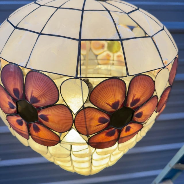 1960s Scalloped Capiz Shell Collapsible Pendant Light With Pink Floral Accents For Sale - Image 9 of 12