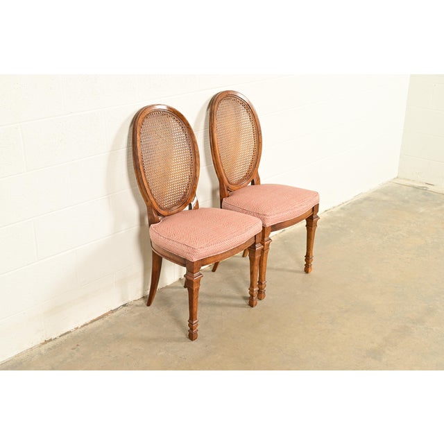 Drexel Drexel French Regency Louis XVI Carved Walnut Cane Back Side Chairs or Dining Chairs | Pair For Sale - Image 4 of 15