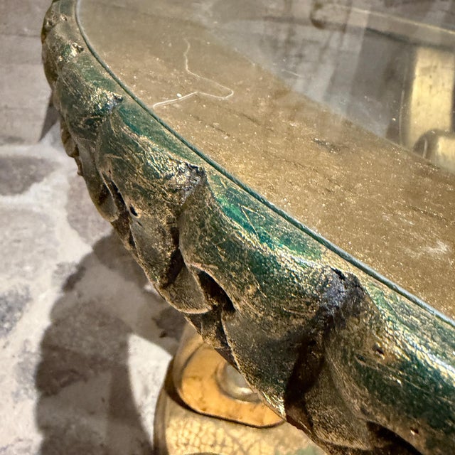 Hollywood Regency Glass-Topped Side Table Verdi Gris Gold Leaf For Sale - Image 11 of 12