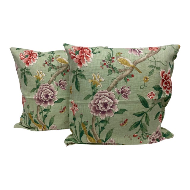 Pair of 22" Square Pillows With a Vintage Inspired Floral Pattern Dotted With Birds & Butterflies - Made in Uk. For Sale
