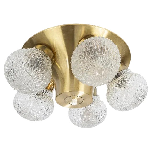 Brass and Glass Ceiling Light, 1970s For Sale