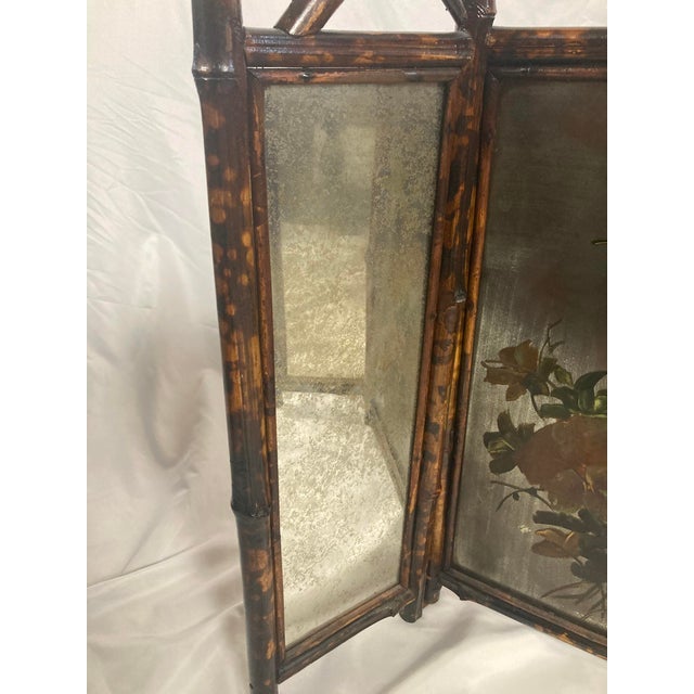 Antique Victorian Aesthetic Movement Bamboo Folding Fire Screen | Hand-Painted Floral | Foxed Mirrors | 3-Panel | 32"H...