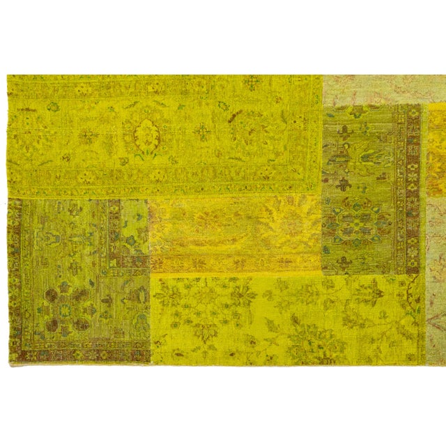 Textile Modern Handcrafted Patchwork Wool Rug in Green With Allover Design For Sale - Image 7 of 9