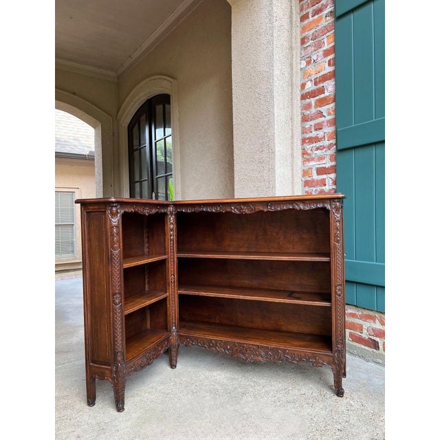 Antique French Corner Bookcase Carved Oak Louis XV Revival Open Shelves C1920 For Sale - Image 13 of 18
