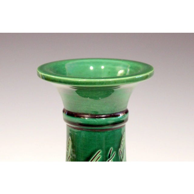 Antique Awaji Pottery Japanese Green Monochrome Bottle Vase Incised Bell Flowers For Sale In New York - Image 6 of 11