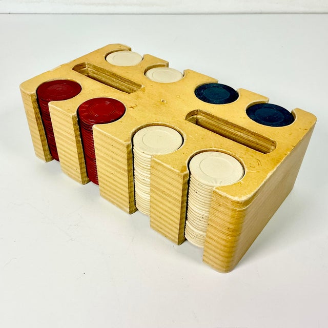 Boho Chic 1950s Vintage Boho Chic Americana Poker Chips and Wood Caddy For Sale - Image 3 of 10