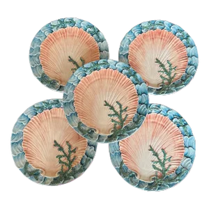 Vintage Handpainted Italian Scallop and Seaweed Majolica Plates- Set of 5