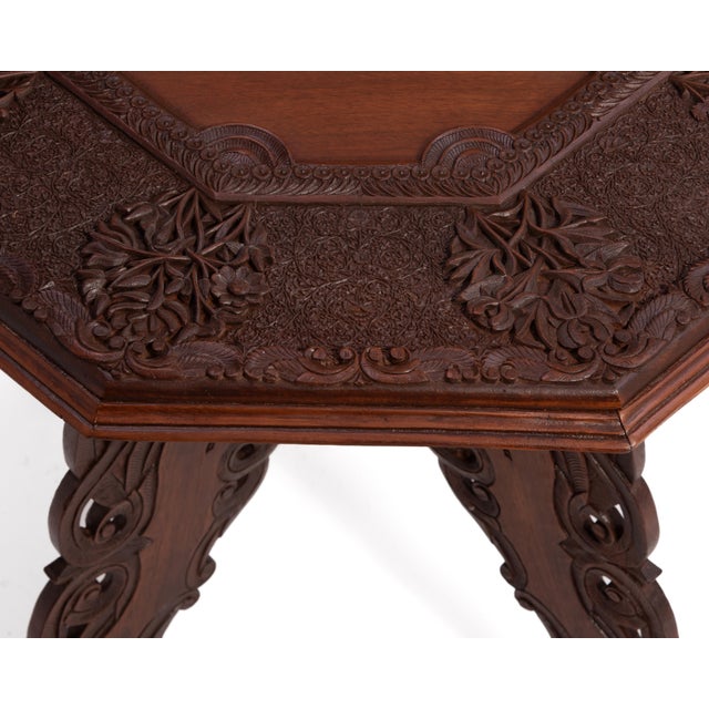 Anglo Indian Intricately Carved Teak Folding Campaign Table Octagon Top For Sale - Image 13 of 17
