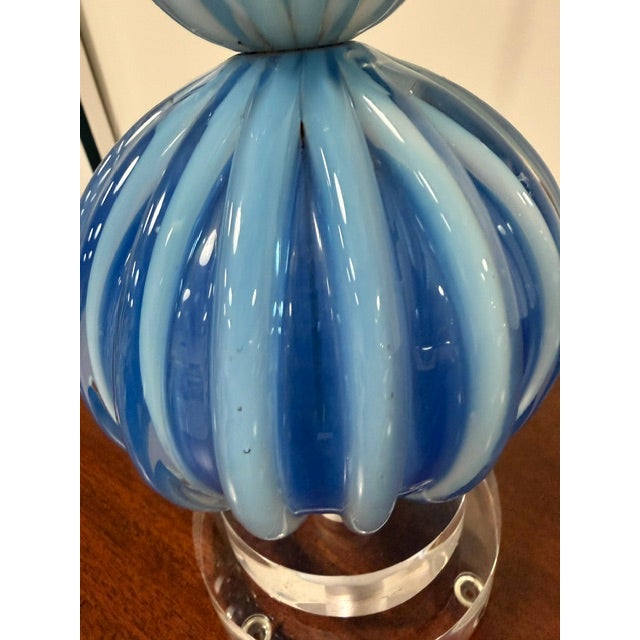 Vintage Ribbed Blue Murano Lamp with Double Stacked Lucite Base and Silk Drum Shade.