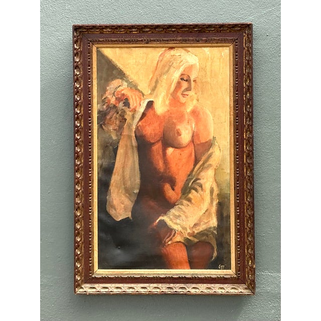 This evocative original oil on canvas captures the timeless beauty of the female form through a sophisticated...