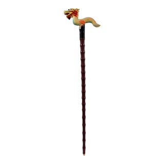 Antique Handcrafted Hand Painted Dragon Handle Twisted Wood Walking Stick Cane For Sale
