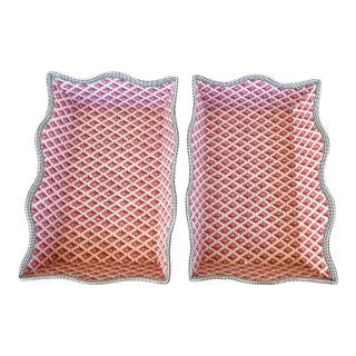 Pair of 1990s Upholstered Rectangular Scalloped Fabric Trays With Woven Trim by Legacy For Sale