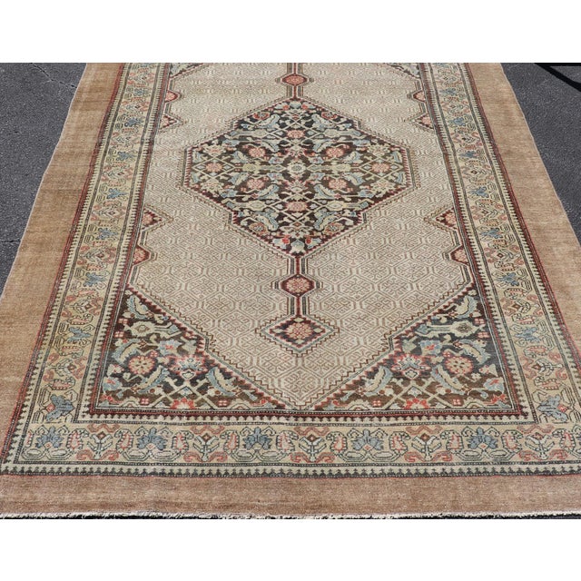 Antique Persian Serab Camel Hair Rug With Medallion and Geometric Design 6'7 X 10'7 For Sale - Image 12 of 15
