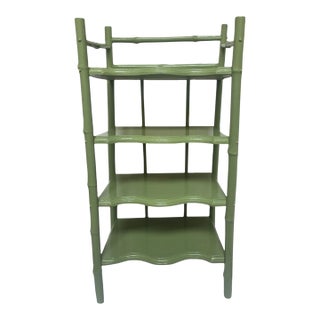 1970s Calke‑Green High‑Gloss Étagère • Bamboo‑Style Shelving • Chinoiserie Coastal For Sale