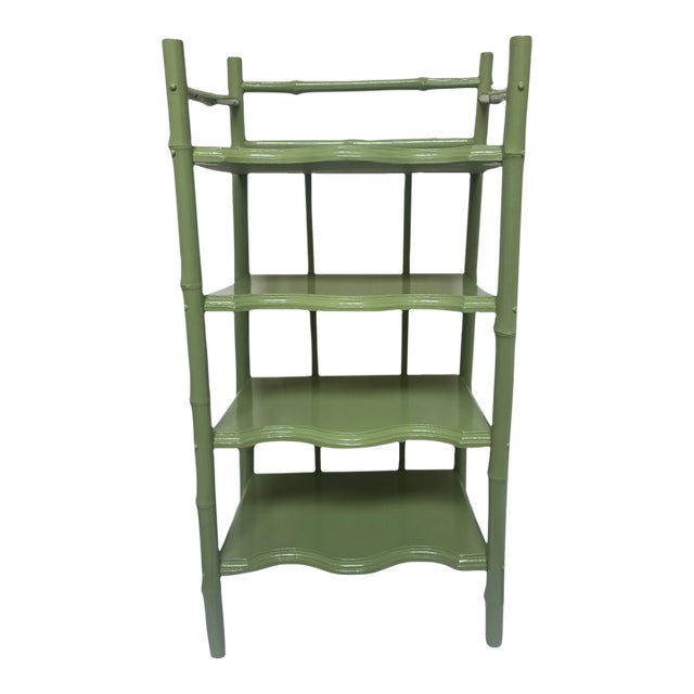 1970s Calke‑Green High‑Gloss Étagère • Bamboo‑Style Shelving • Chinoiserie Coastal For Sale