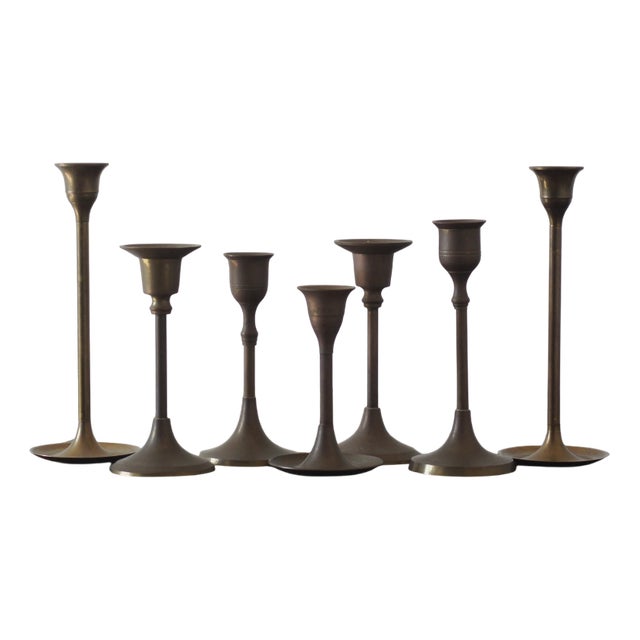 Vintage Brass Candlesticks, 1960s, Set of 7 For Sale