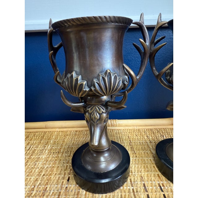 Traditional Vintage Brass Deer Urns With Antique Brass Finish, a Pair For Sale - Image 3 of 8